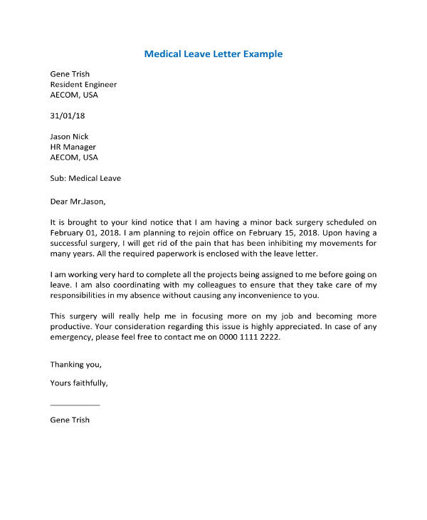 Letter Of Sick Leave For Surgery